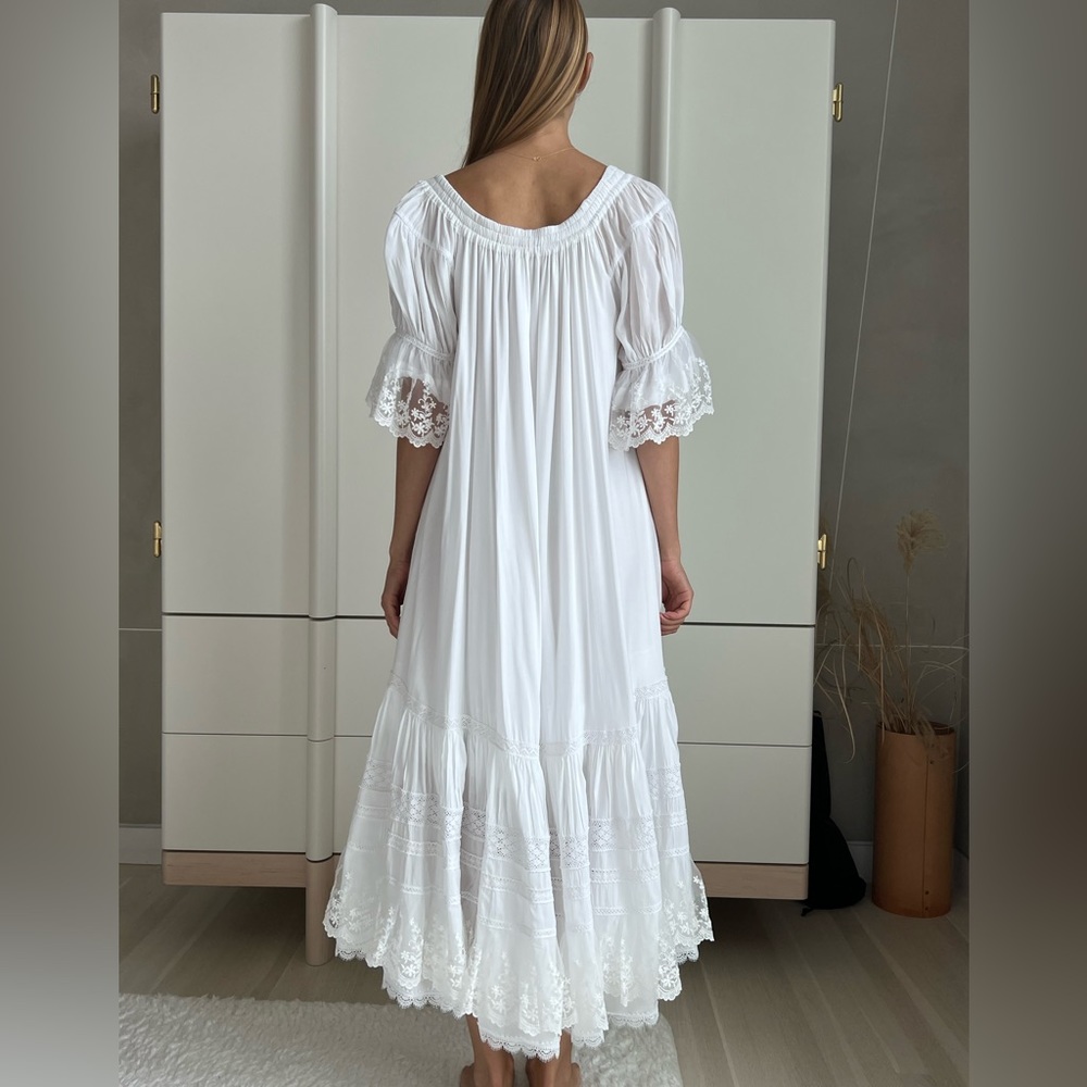 White Midi Boho Style Dress with lace. Handmade. S-M Size - Picture 7 of 14